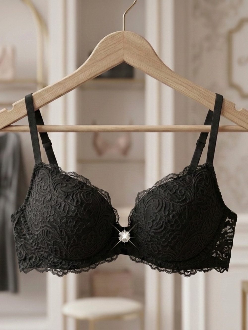 Lace Underwire Bra with Rhinestone Center